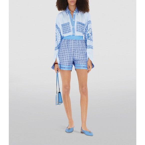 Burberry High Waist Pull On Shorts Blue Check Print 100% Silk Size 2 NWT $820 - Picture 1 of 13